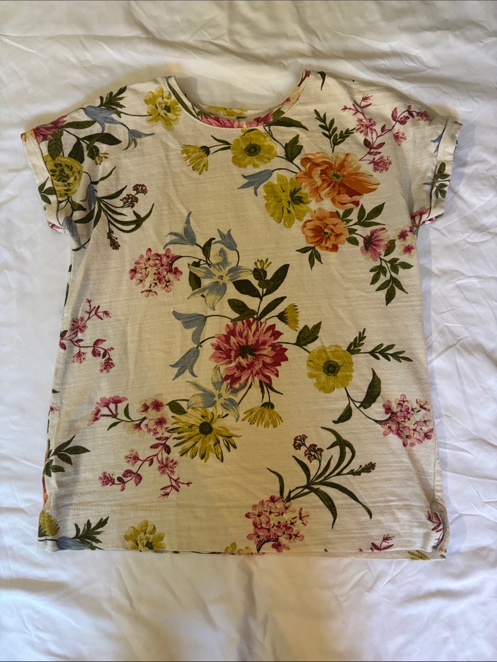 LOFT Cream Floral Short Sleeve Tee with Yellow, Pink & Green Blooms